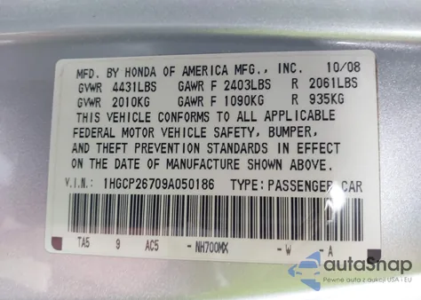 2009 Honda Accord 2.4 Ex z USA, uszkodzony, nr VIN 1HGCP26709A050186